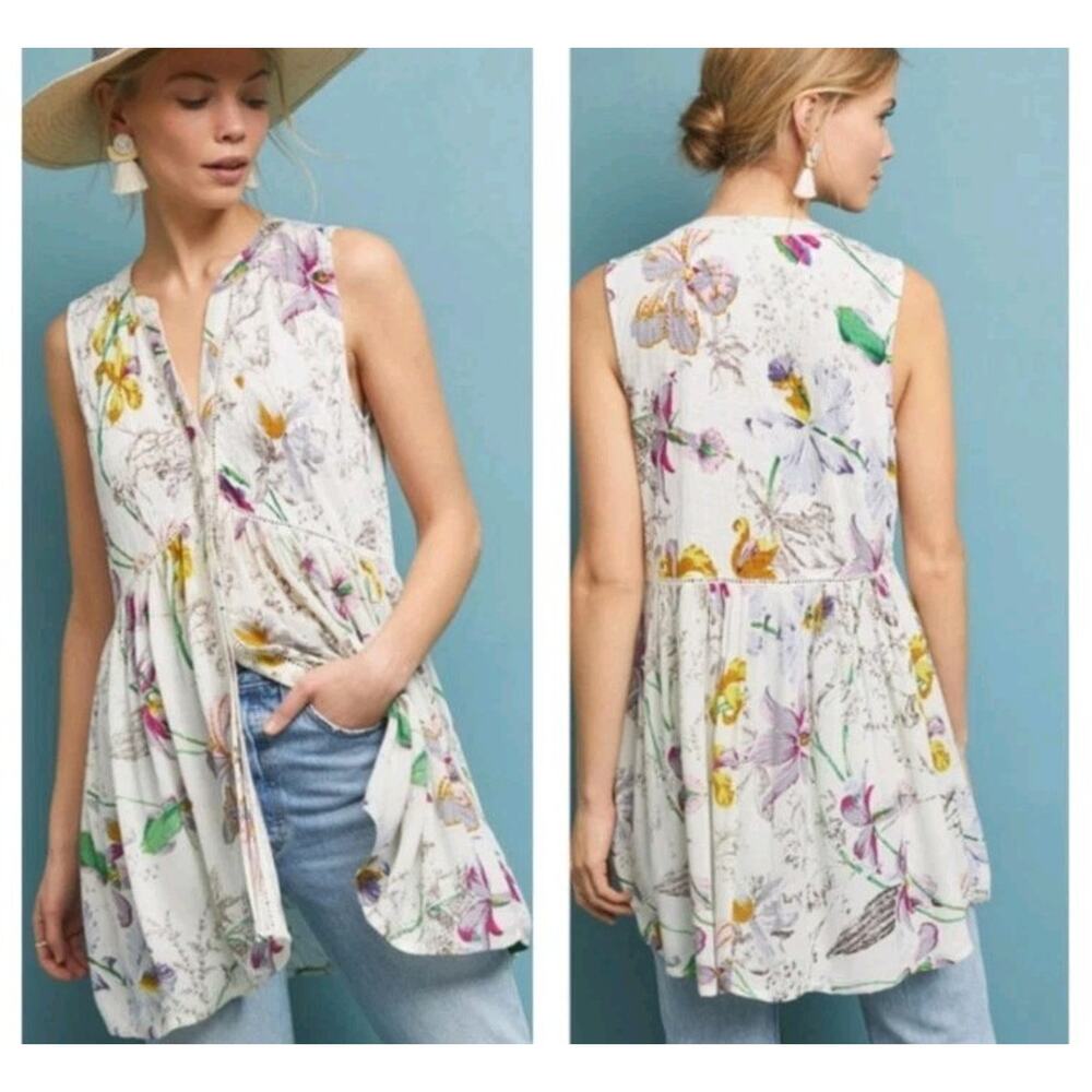 Anthropologie Nia Floral Button Down High Low Tunic Top Size XXS Sleeveless